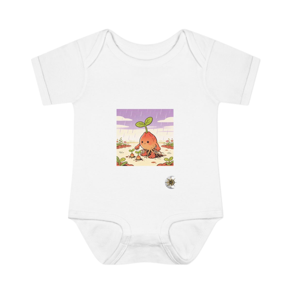HD Seed creature with root toes sheltering three little sprouts Infant Baby Rib Bodysuit