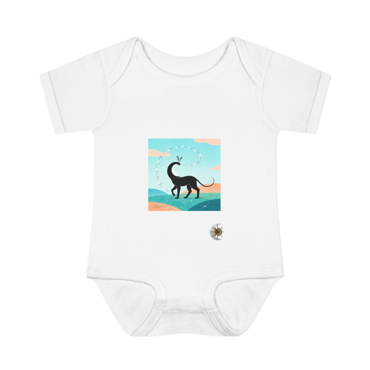 HD Crescent creature with feather antennae following a looping trail of seed fluff Infant Baby Rib Bodysuit