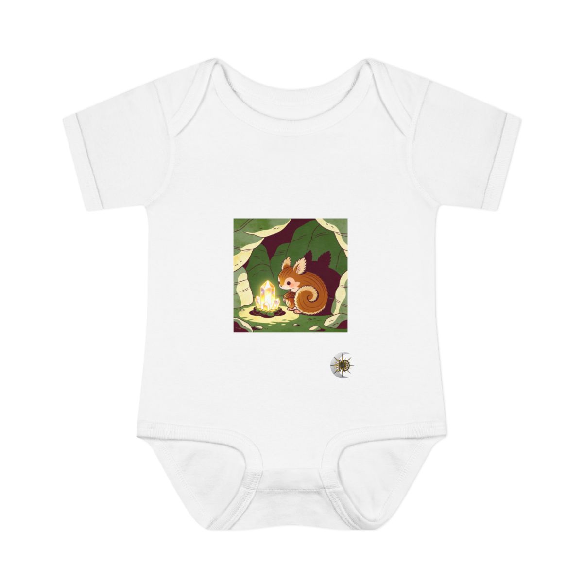 HD Acorn creature with fuzzy fins curled beside a glowing mineral Infant Baby Rib Bodysuit