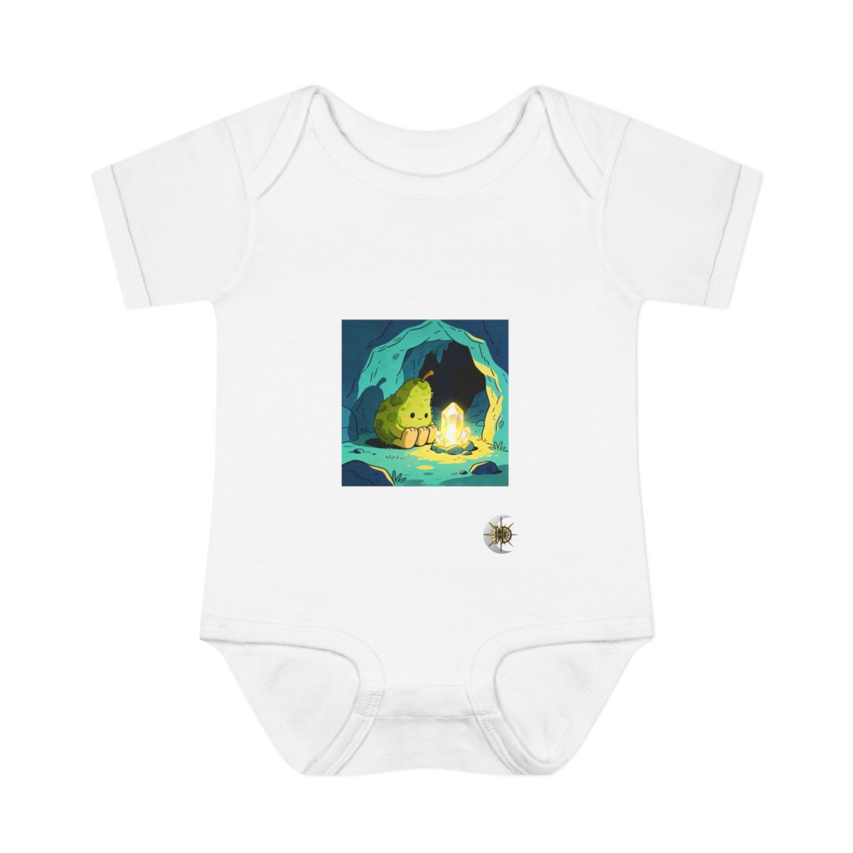 HD Pear-shaped moss creature with four stubby feet curled beside a glowing mineral Infant Baby Rib Bodysuit