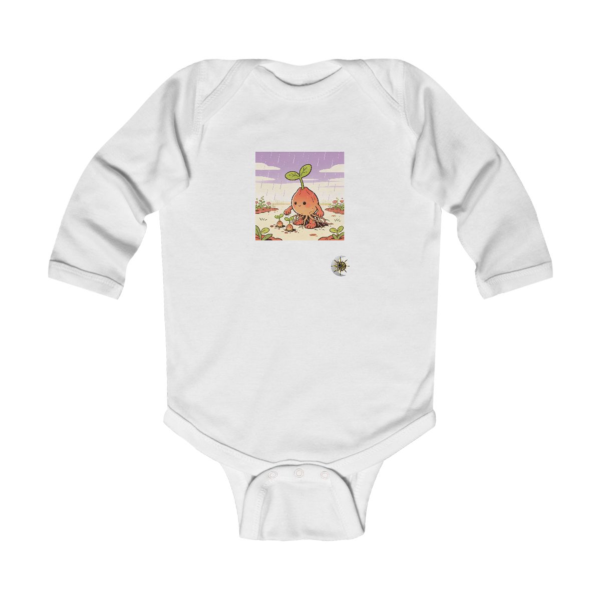 HD Seed creature with root toes sheltering three little sprouts Infant Long Sleeve Bodysuit