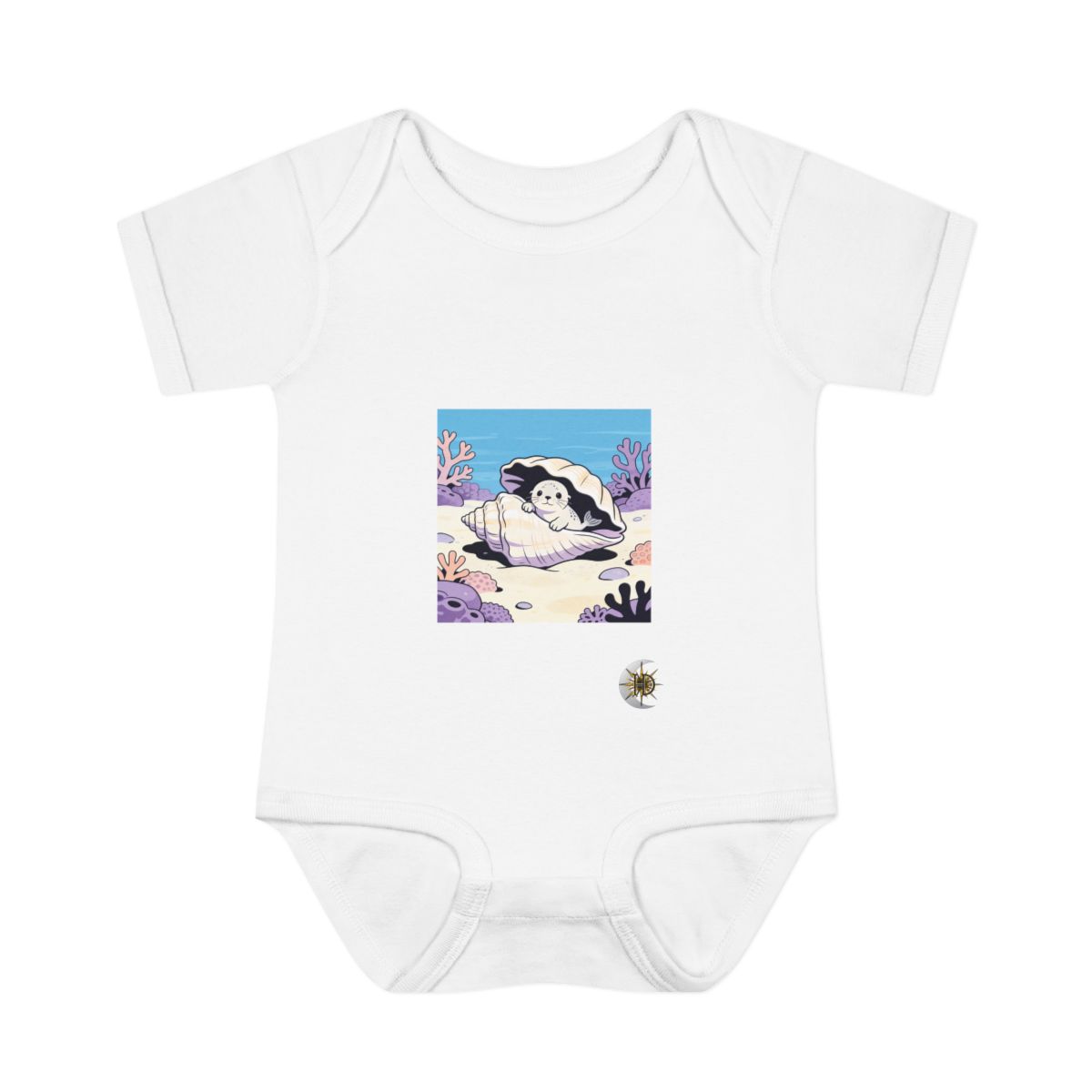 HD Baby seal peeking from behind an oversized shell Infant Baby Rib Bodysuit