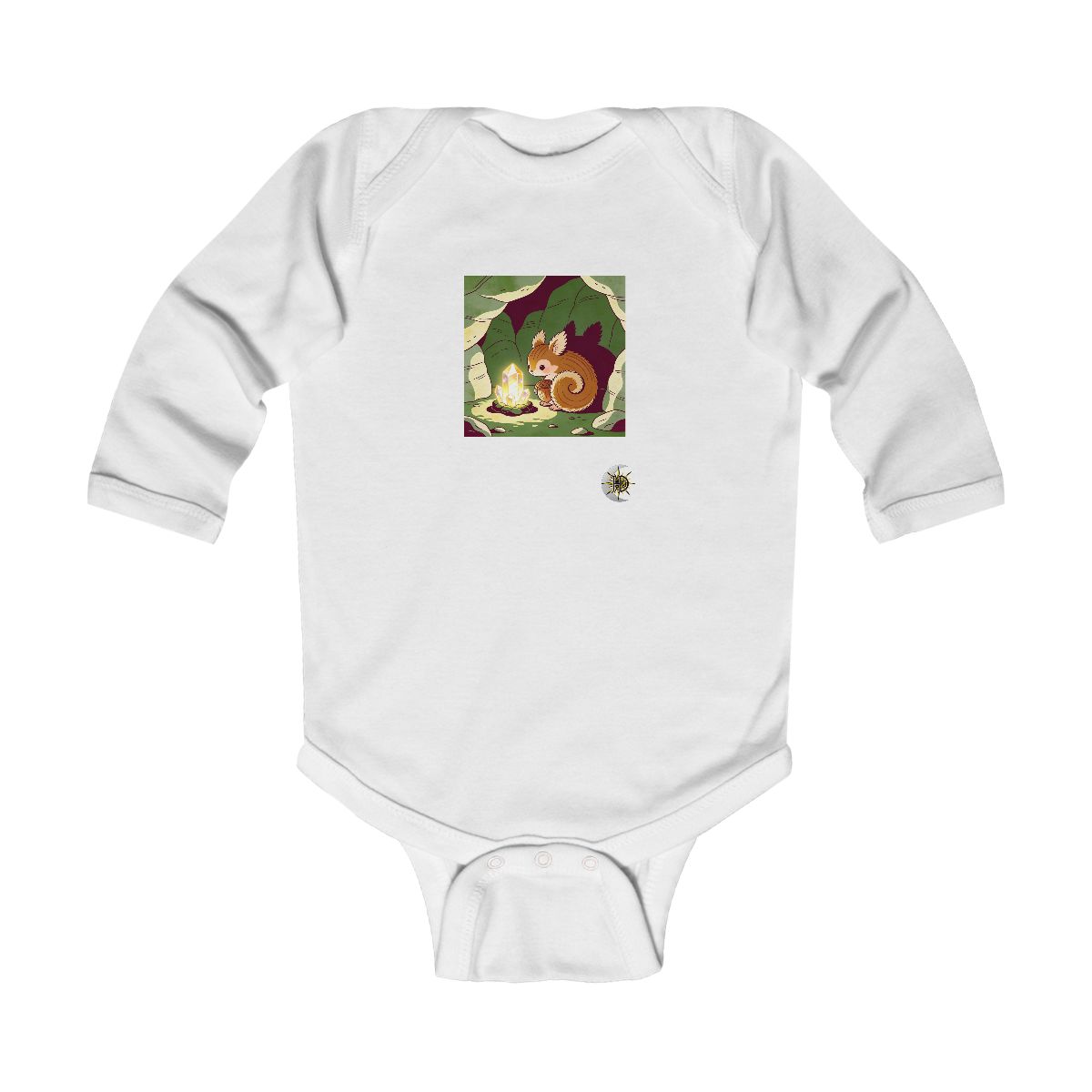HD Acorn creature with fuzzy fins curled beside a glowing mineral Infant Long Sleeve Bodysuit