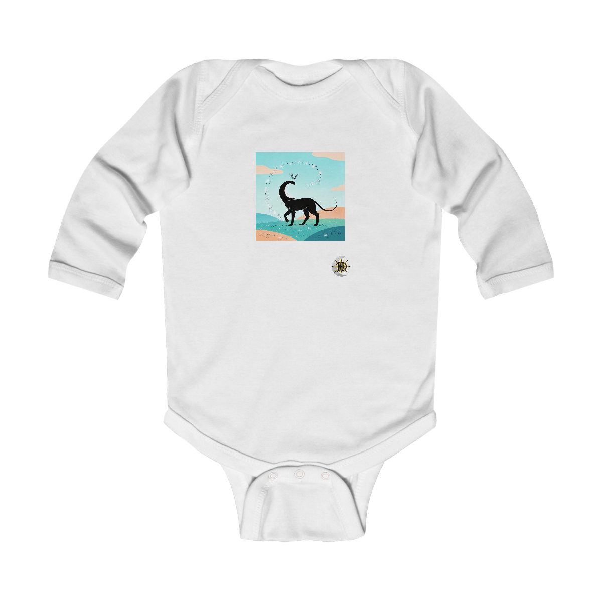 HD Crescent creature with feather antennae following a looping trail of seed fluff Infant Long Sleeve Bodysuit