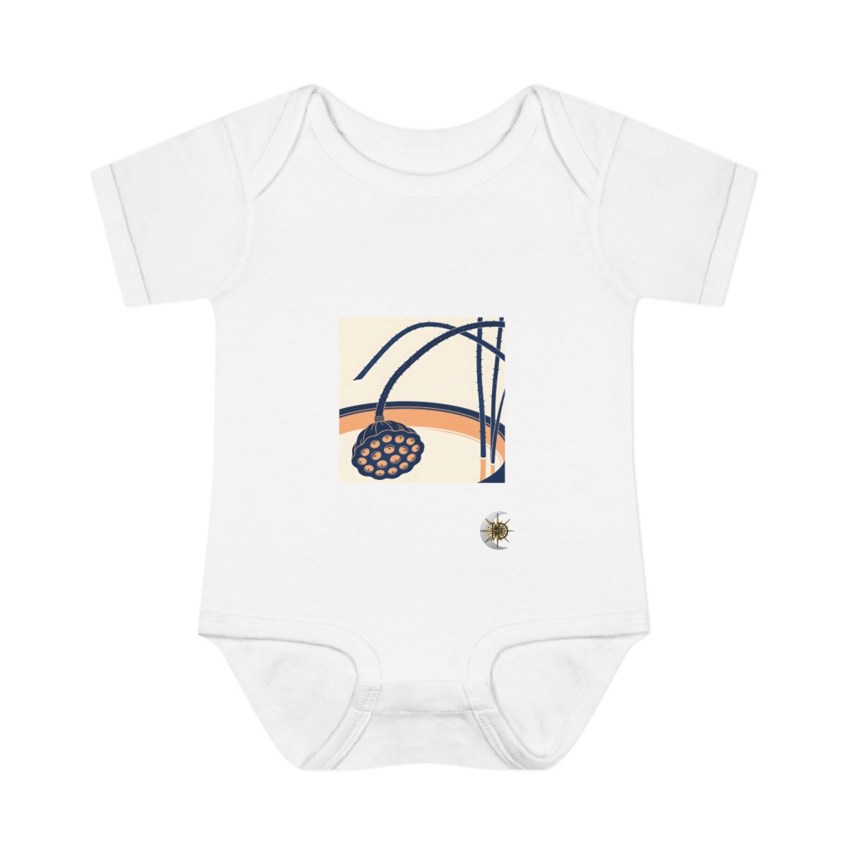 HD Lotus seed head arching across a rounded pool of open space Infant Baby Rib Bodysuit