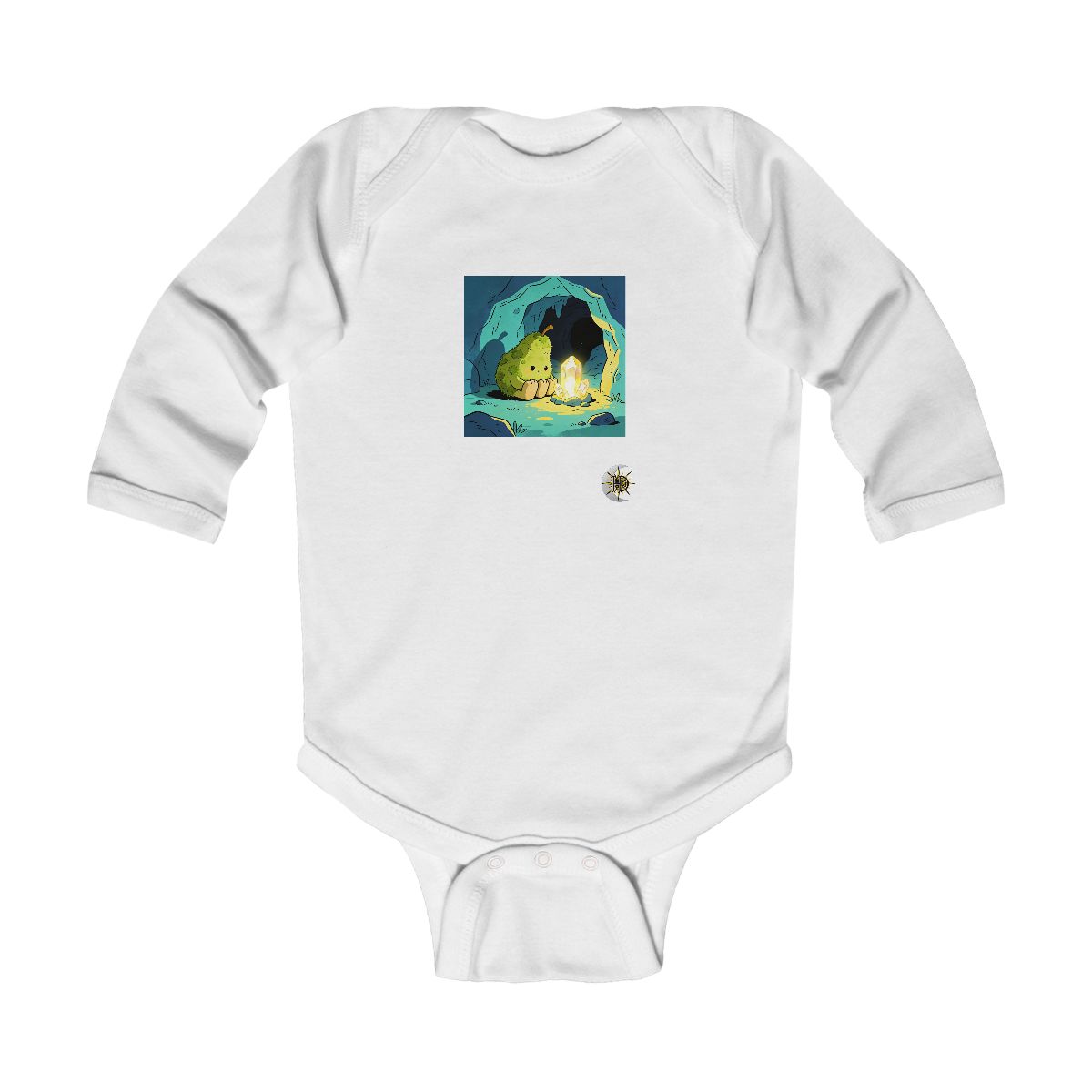HD Pear-shaped moss creature with four stubby feet curled beside a glowing mineral Infant Long Sleeve Bodysuit