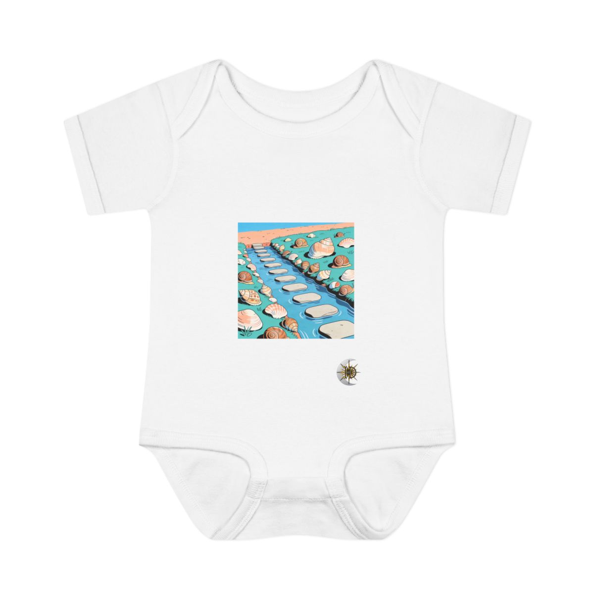 HD Snail-shell garden connected to a distant bank by stepping stones Infant Baby Rib Bodysuit