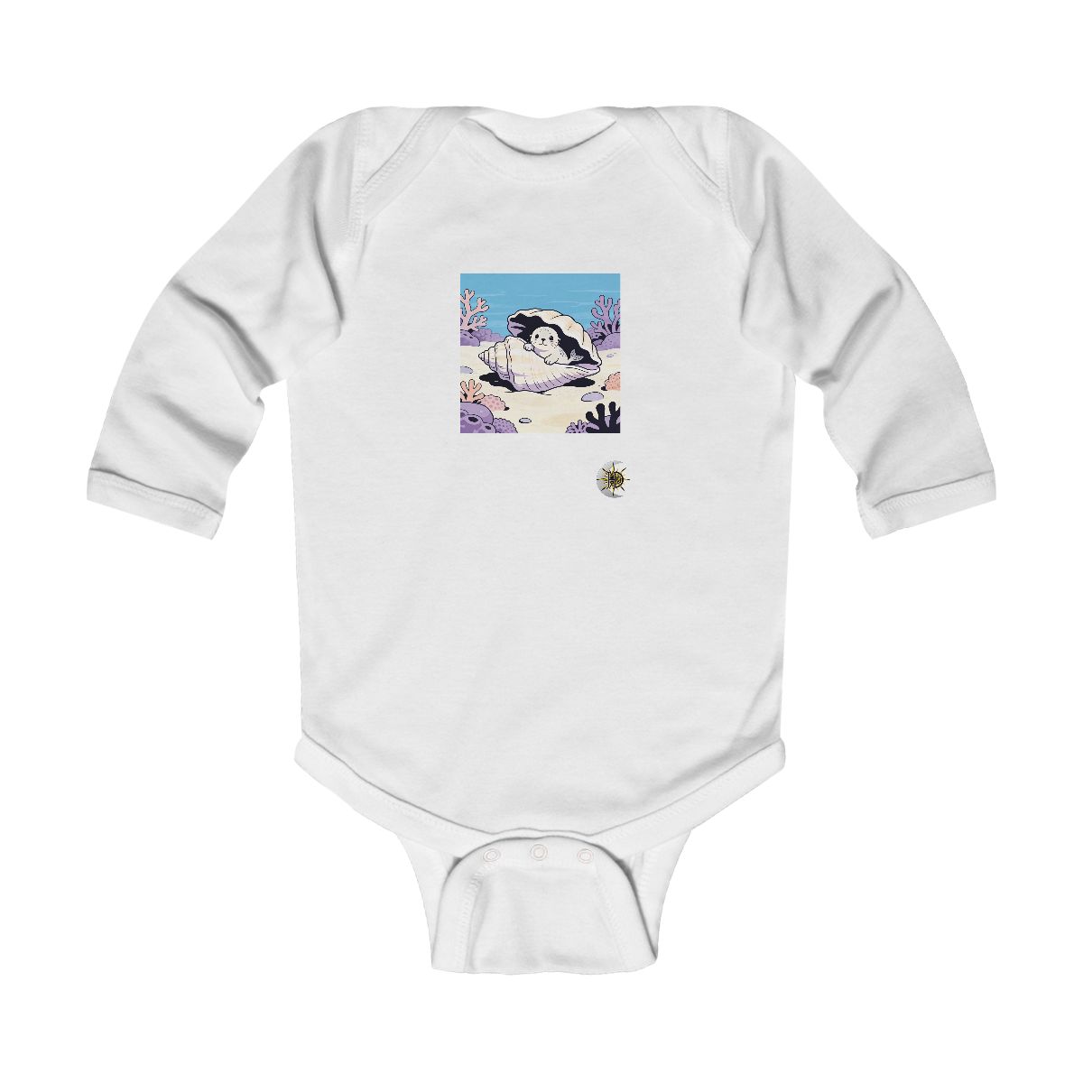 HD Baby seal peeking from behind an oversized shell Infant Long Sleeve Bodysuit