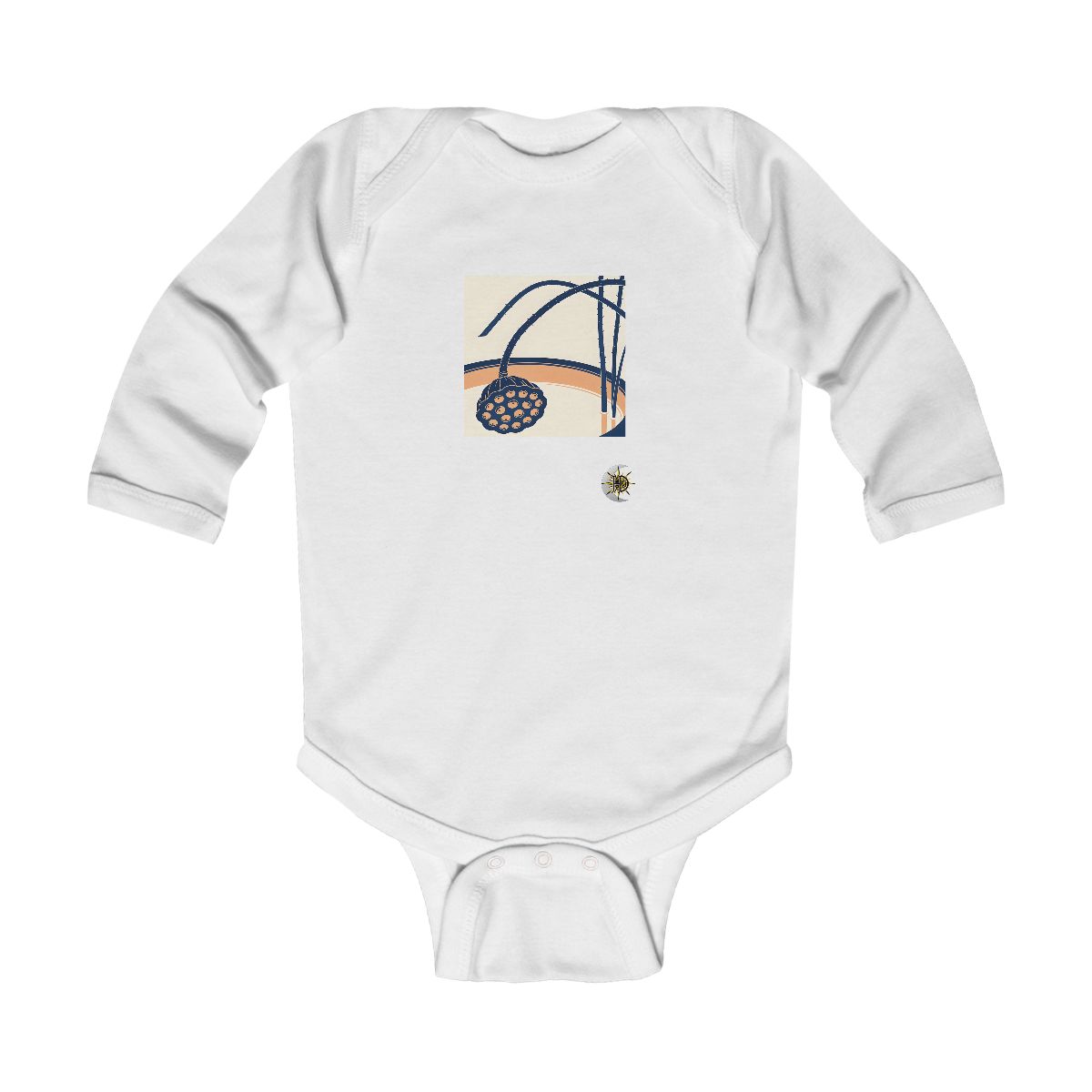 HD Lotus seed head arching across a rounded pool of open space Infant Long Sleeve Bodysuit