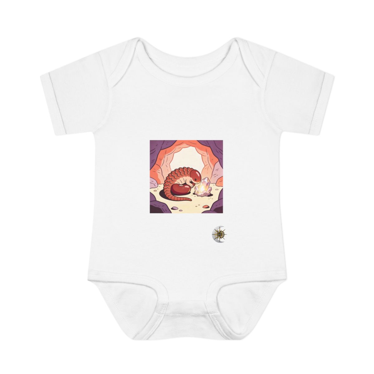 HD Bean creature with a scalloped back curled beside a glowing mineral Infant Baby Rib Bodysuit