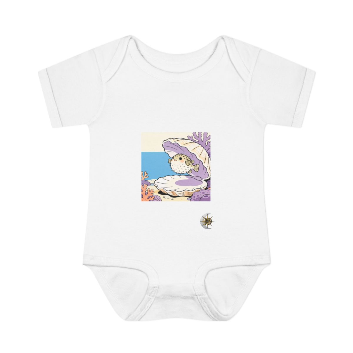 HD Round pufferfish peeking from behind an oversized shell Infant Baby Rib Bodysuit