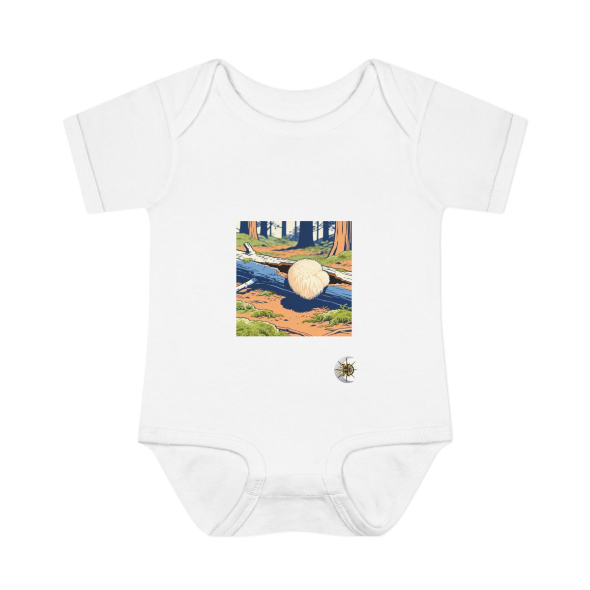 HD Lion's-mane fungus growing through a split fallen branch Infant Baby Rib Bodysuit