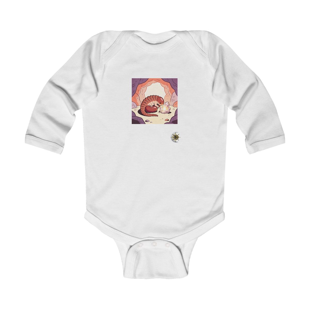 HD Bean creature with a scalloped back curled beside a glowing mineral Infant Long Sleeve Bodysuit