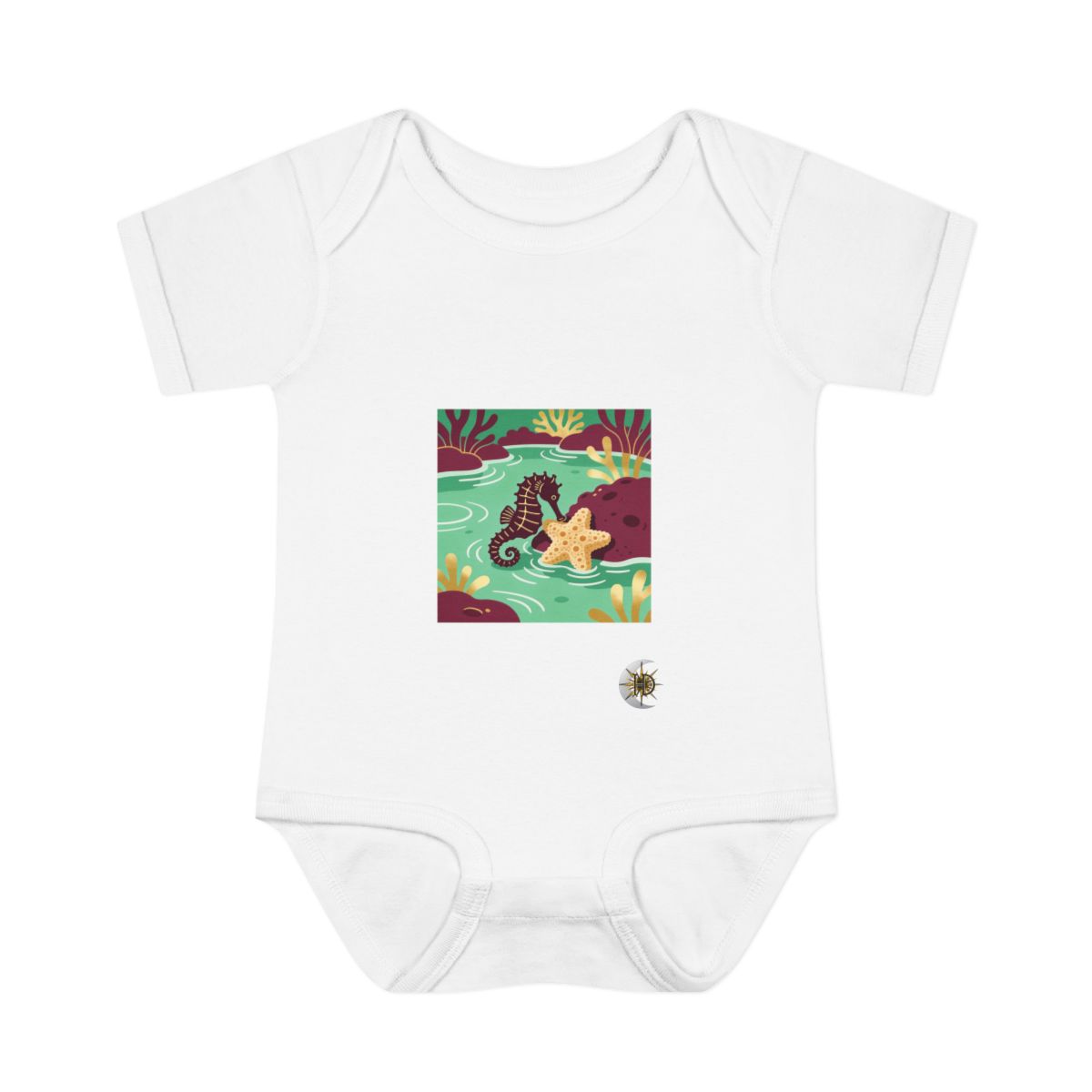 HD Seahorse resting near a star-shaped sea sponge Infant Baby Rib Bodysuit