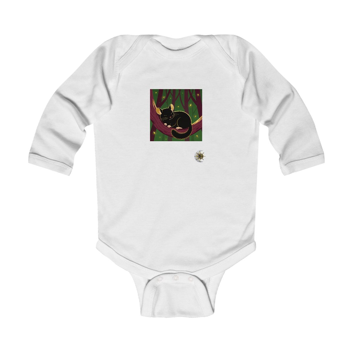 HD Chinchilla napping inside a curved hollow branch Infant Long Sleeve Bodysuit