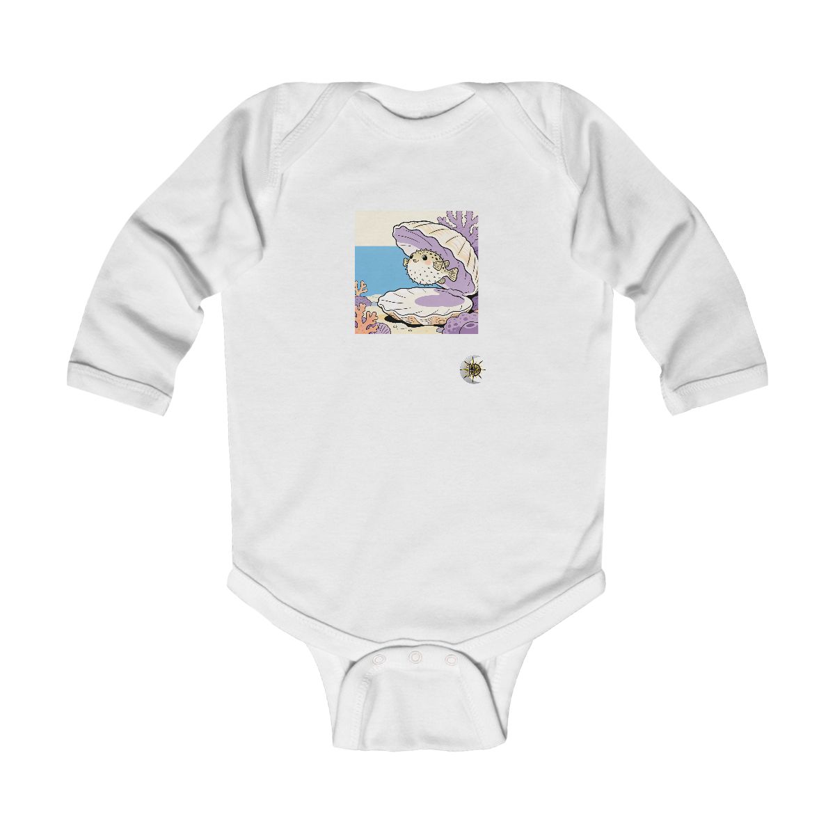 HD Round pufferfish peeking from behind an oversized shell Infant Long Sleeve Bodysuit