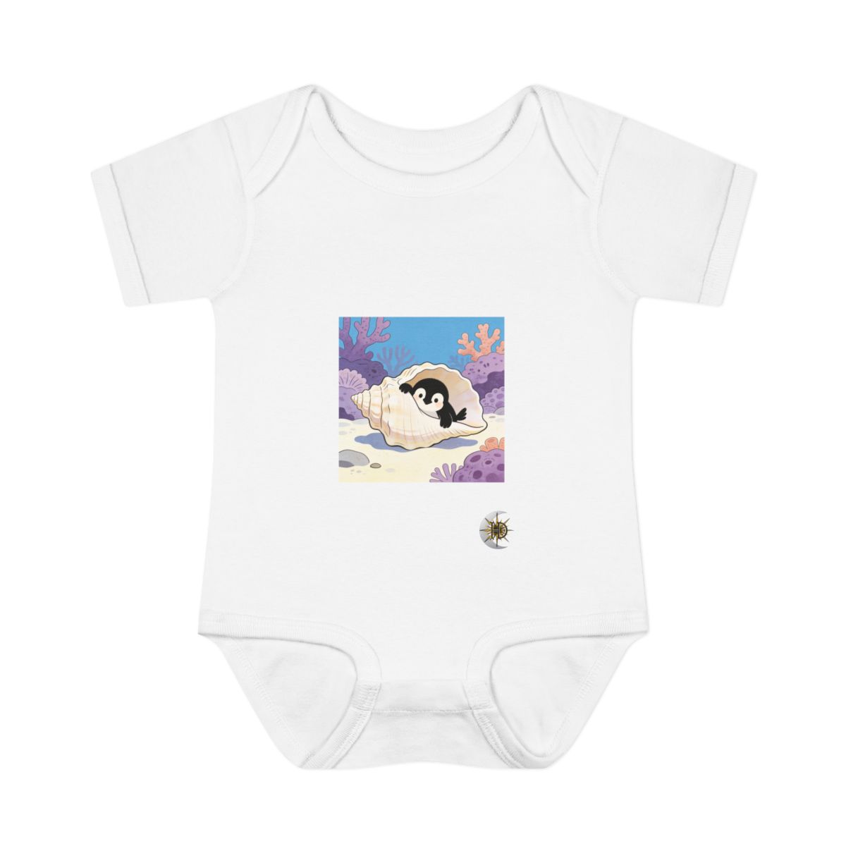 HD Little penguin peeking from behind an oversized shell Infant Baby Rib Bodysuit