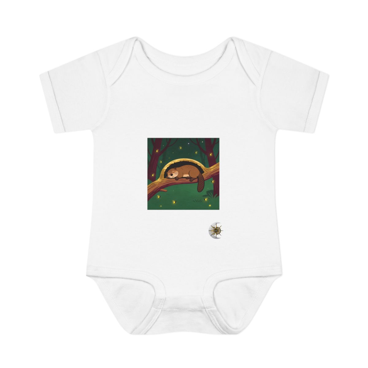 HD Beaver napping inside a curved hollow branch Infant Baby Rib Bodysuit