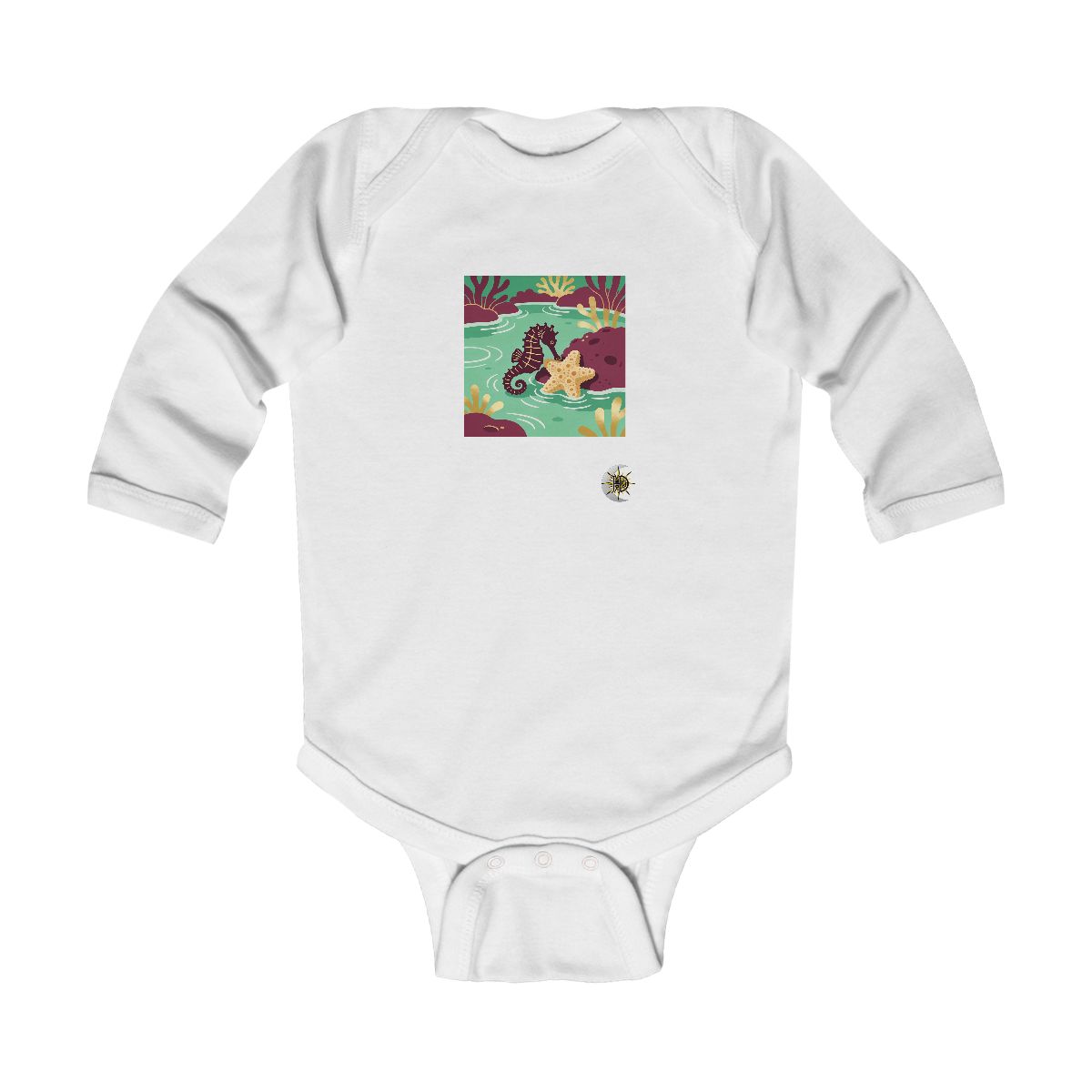 HD Seahorse resting near a star-shaped sea sponge Infant Long Sleeve Bodysuit