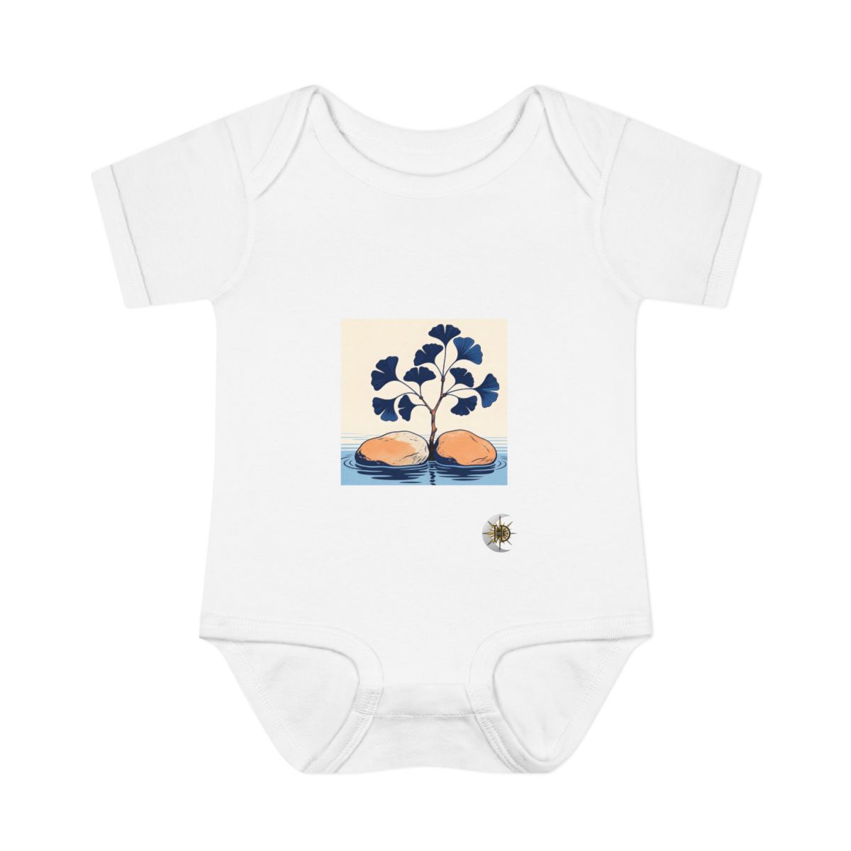 HD Ginkgo branch emerging between two broad river stones Infant Baby Rib Bodysuit