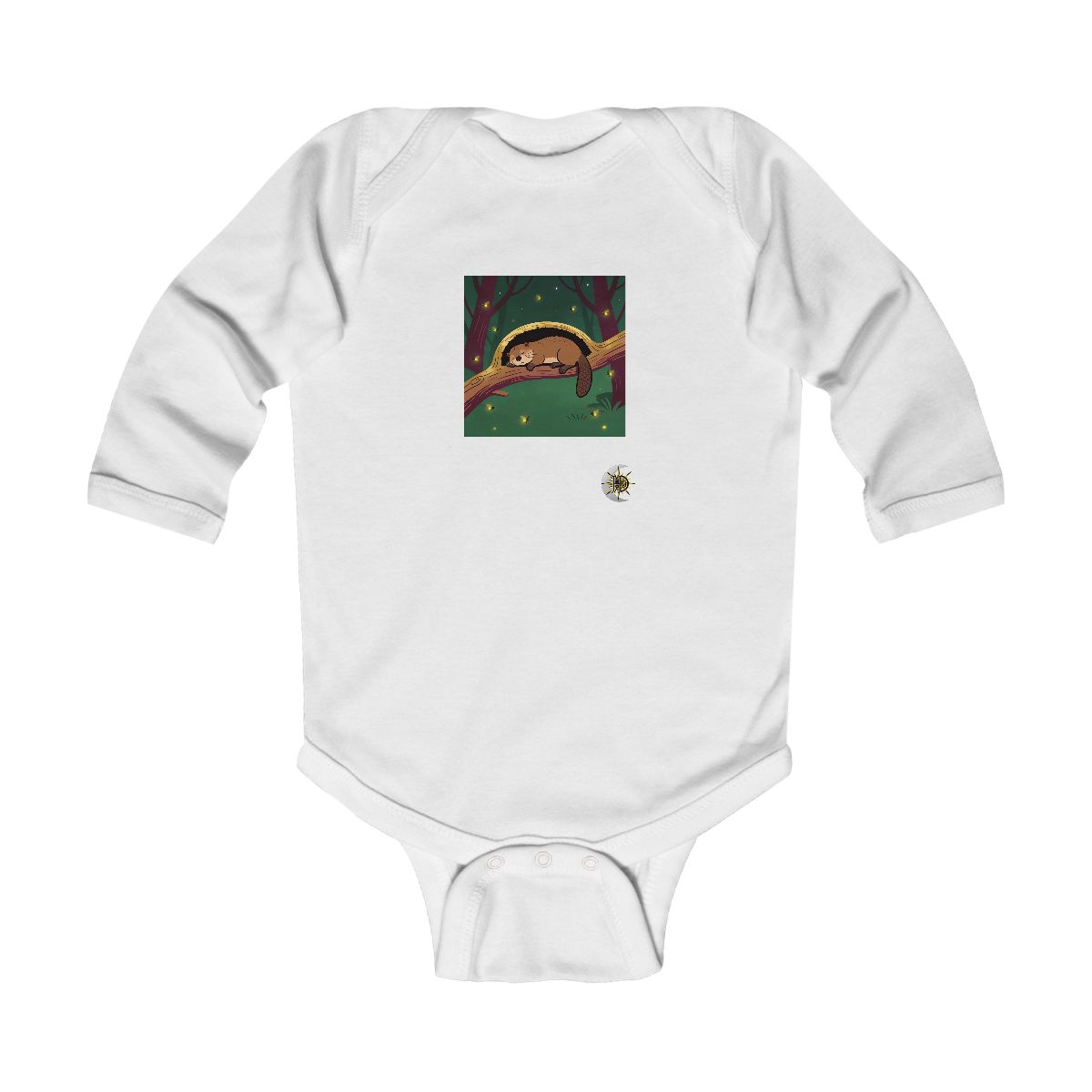 HD Beaver napping inside a curved hollow branch Infant Long Sleeve Bodysuit