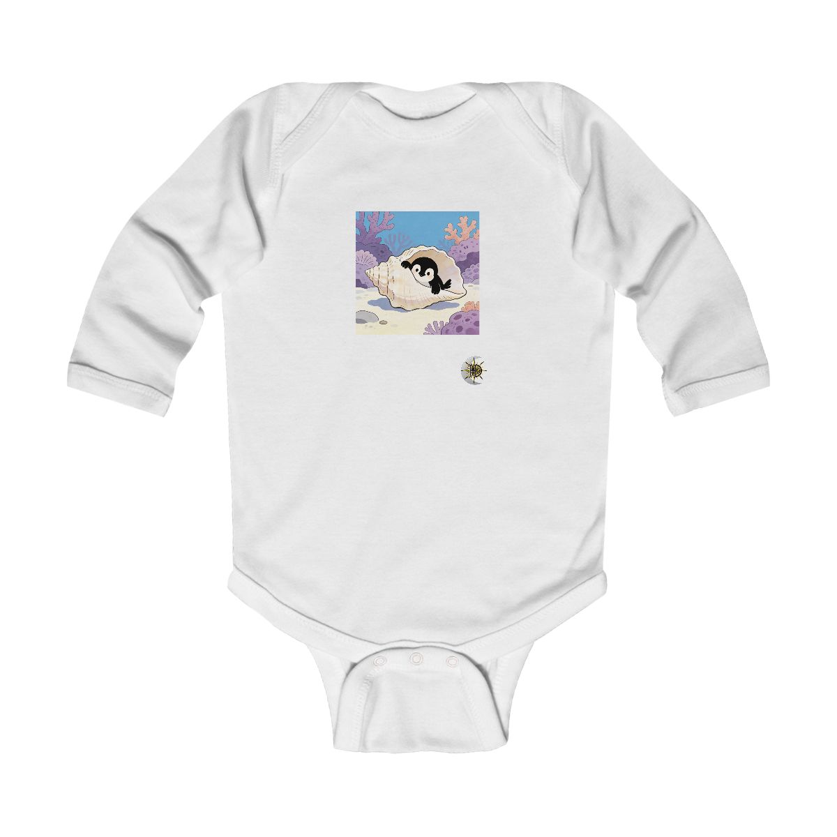 HD Little penguin peeking from behind an oversized shell Infant Long Sleeve Bodysuit