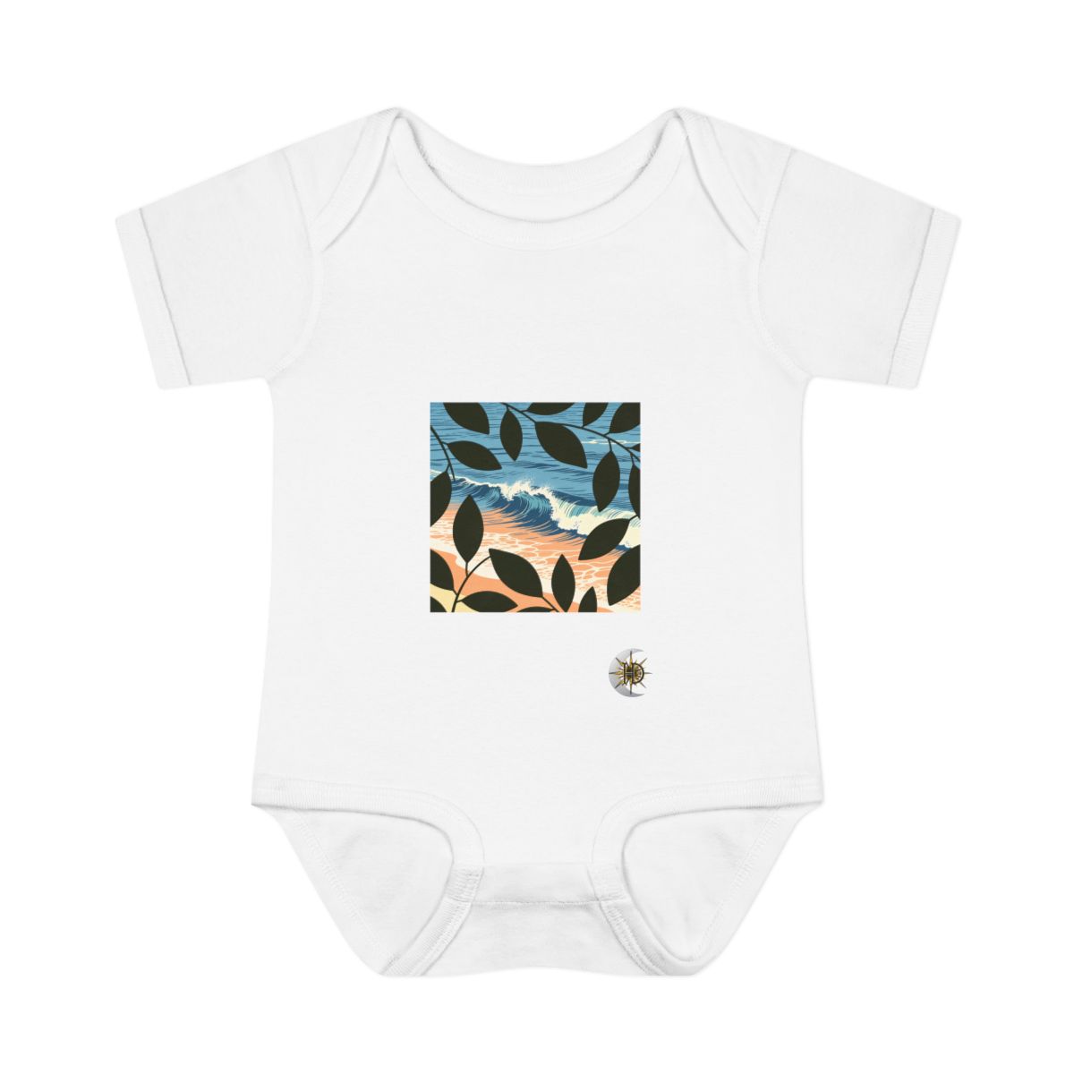 HD Breaking shore wave framed by overlapping leaf silhouettes Infant Baby Rib Bodysuit