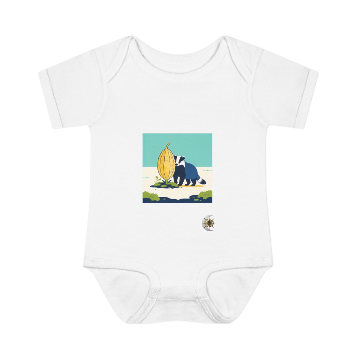 HD Badger peeking around a giant seedpod Infant Baby Rib Bodysuit