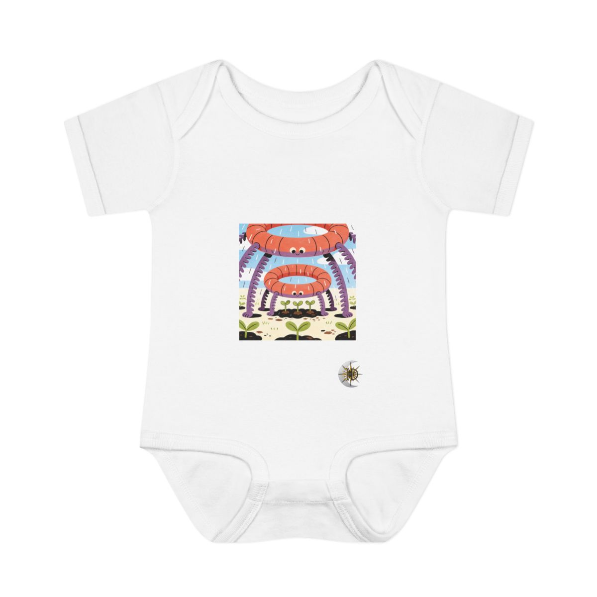 HD Ring creature with frond legs sheltering three little sprouts Infant Baby Rib Bodysuit