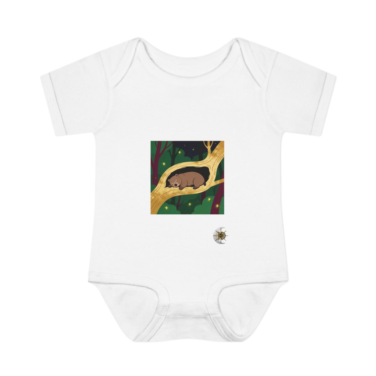 HD Wombat napping inside a curved hollow branch Infant Baby Rib Bodysuit