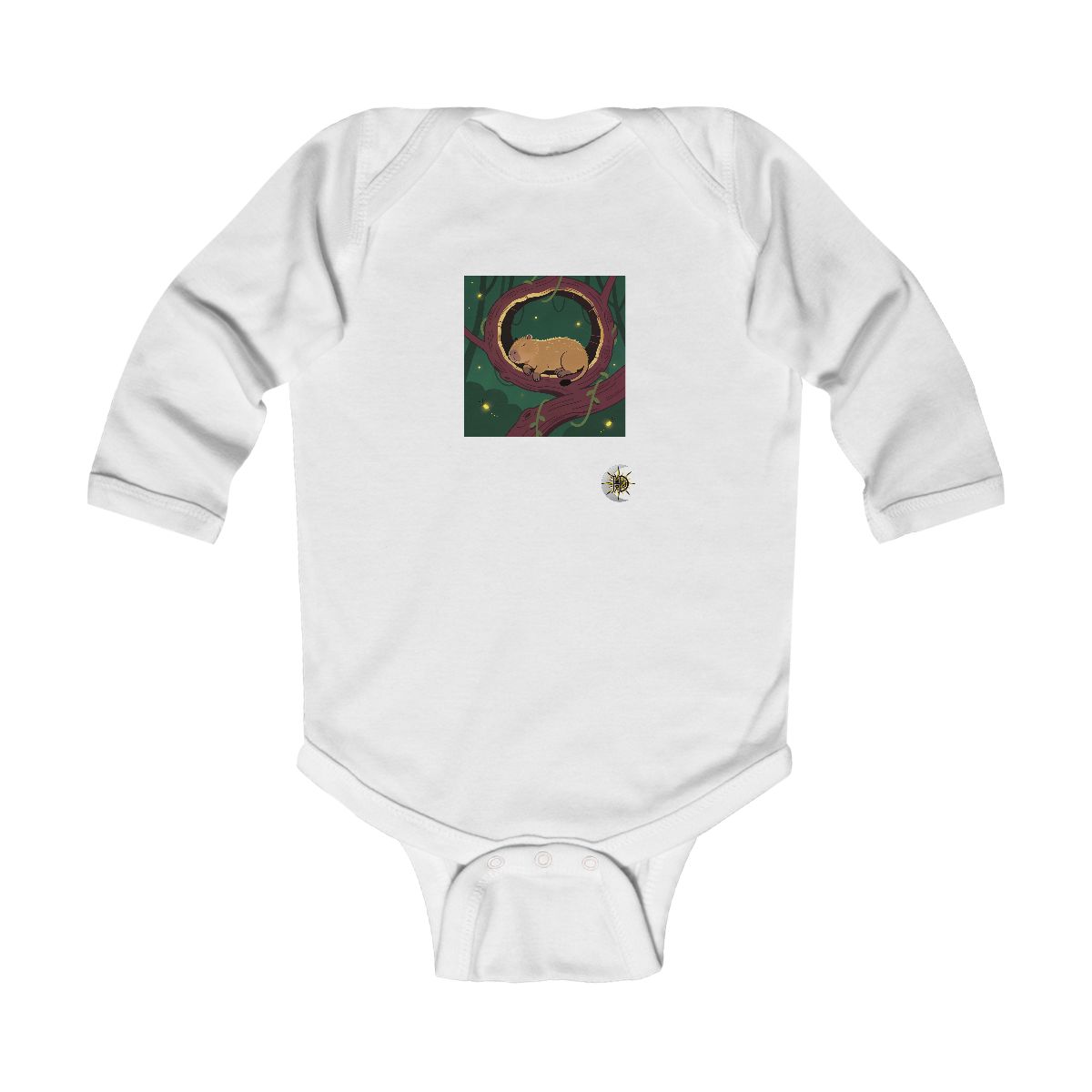 HD Capybara napping inside a curved hollow branch Infant Long Sleeve Bodysuit