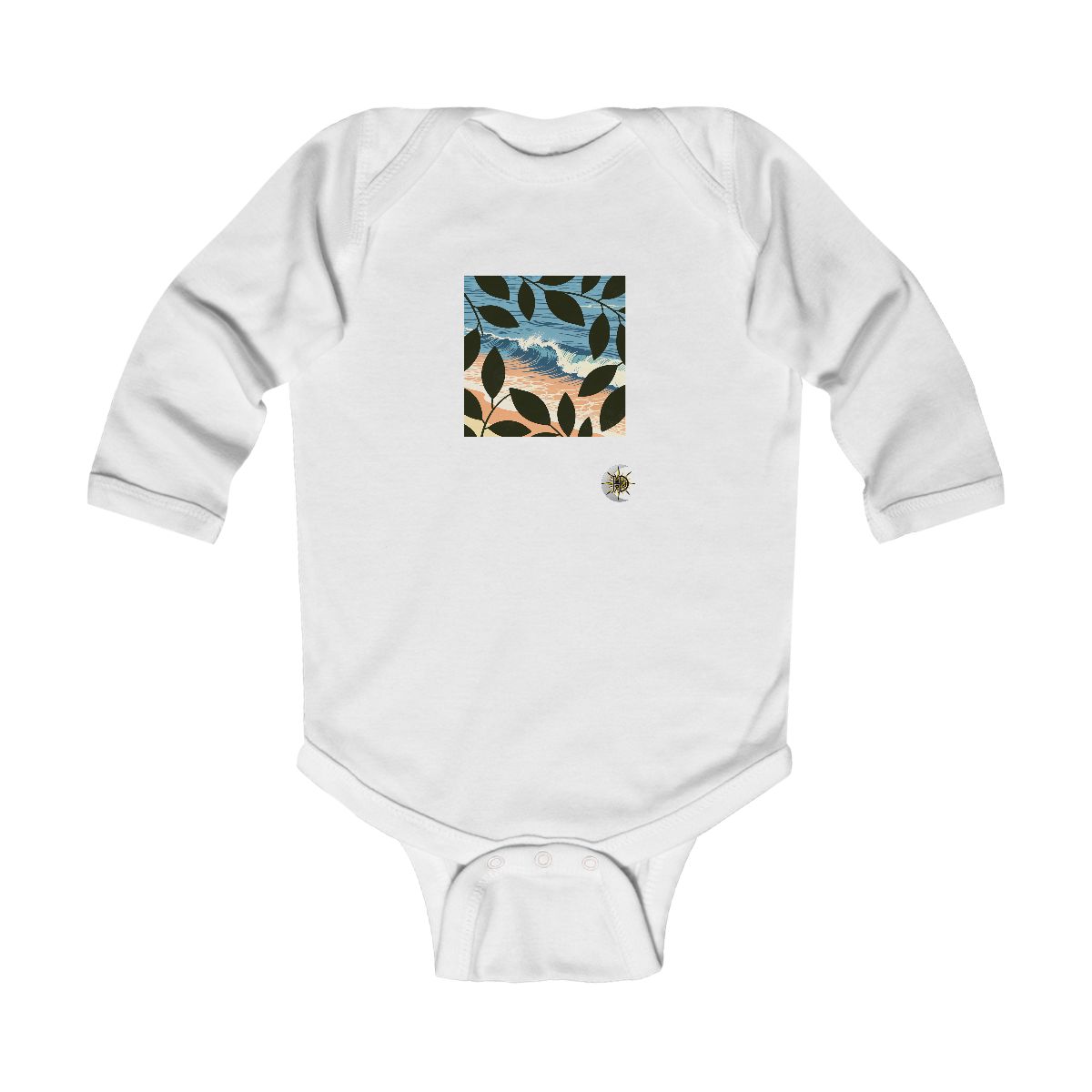 HD Breaking shore wave framed by overlapping leaf silhouettes Infant Long Sleeve Bodysuit