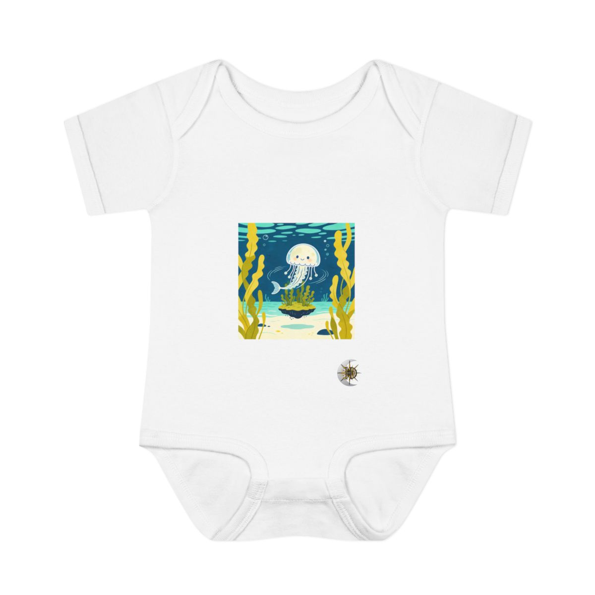HD Moon jelly circling a floating kelp island Infant Baby Rib Bodysuit