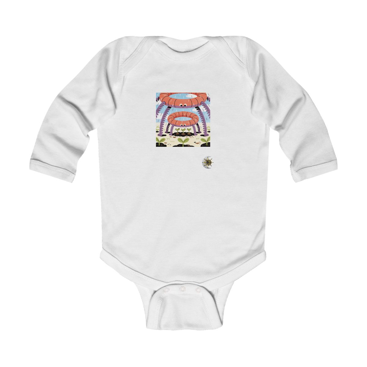 HD Ring creature with frond legs sheltering three little sprouts Infant Long Sleeve Bodysuit