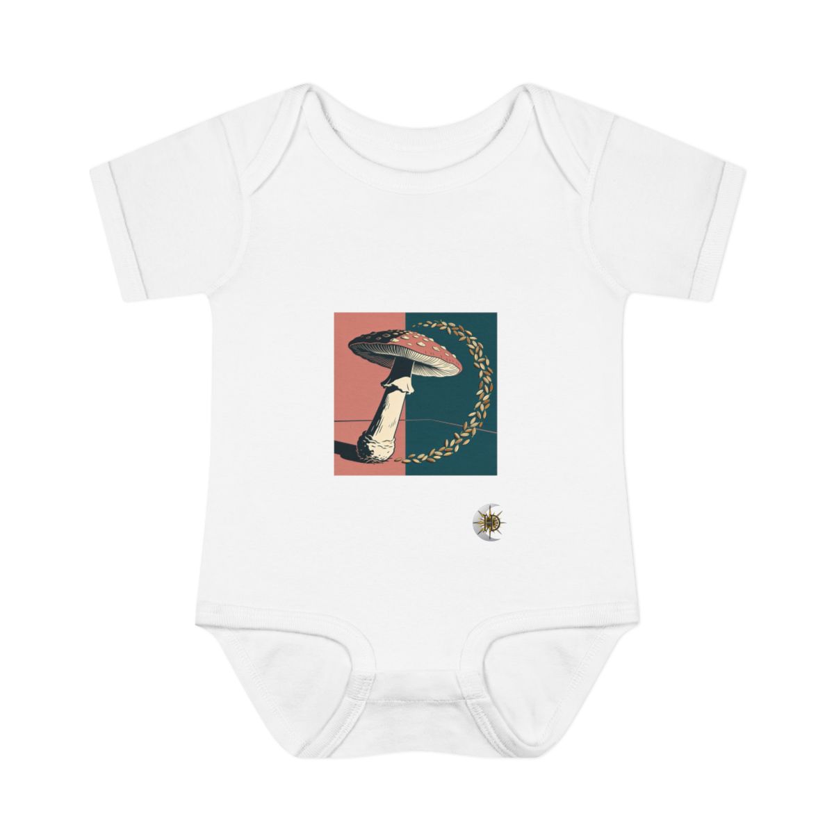 HD Parasol mushroom surrounded by an arc of scattered seeds Infant Baby Rib Bodysuit