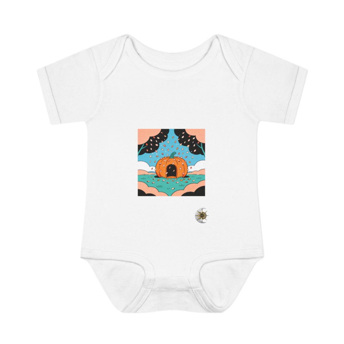 HD Doorless pumpkin shelter receiving a shower of falling petals Infant Baby Rib Bodysuit