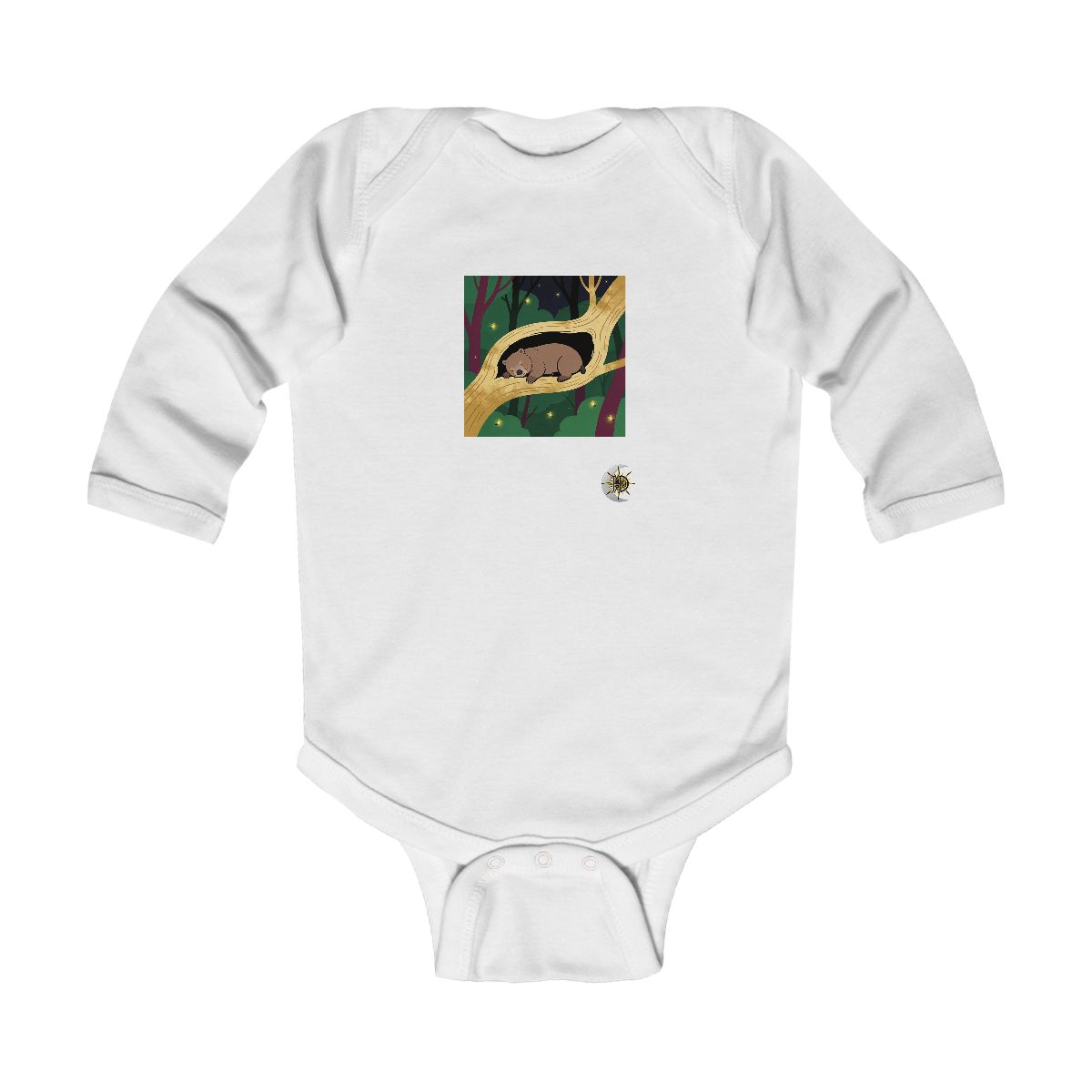 HD Wombat napping inside a curved hollow branch Infant Long Sleeve Bodysuit