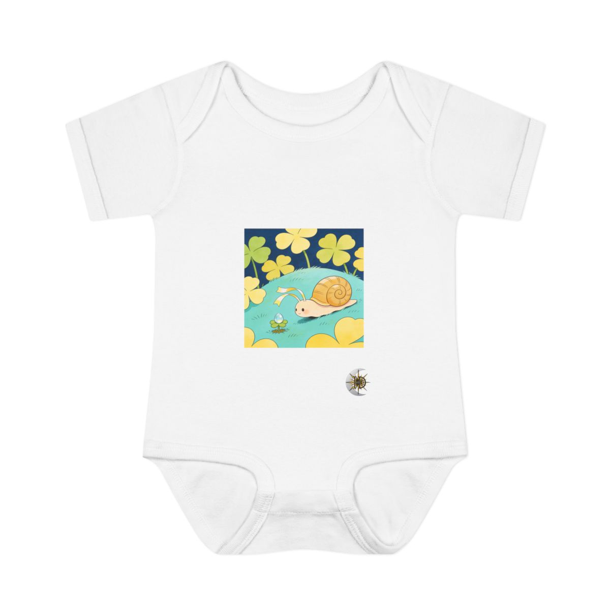 HD Shell creature with ribbon feelers gently rolling a dew drop uphill Infant Baby Rib Bodysuit