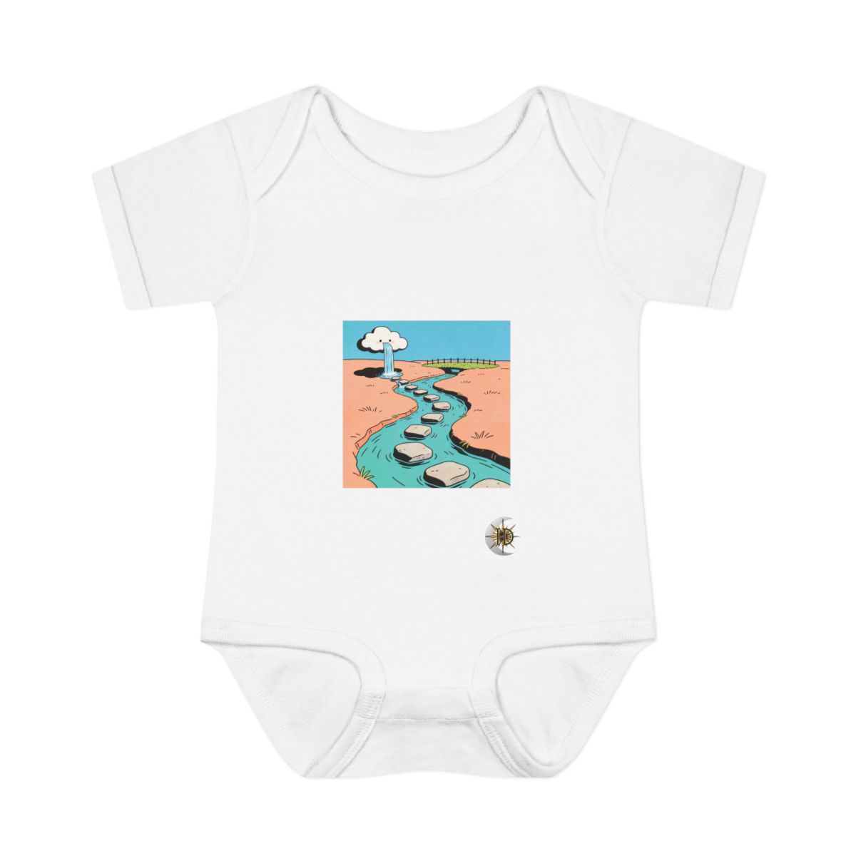 HD Cloud with a waterfall connected to a distant bank by stepping stones Infant Baby Rib Bodysuit
