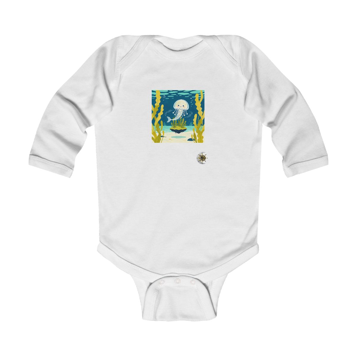 HD Moon jelly circling a floating kelp island Infant Long Sleeve Bodysuit