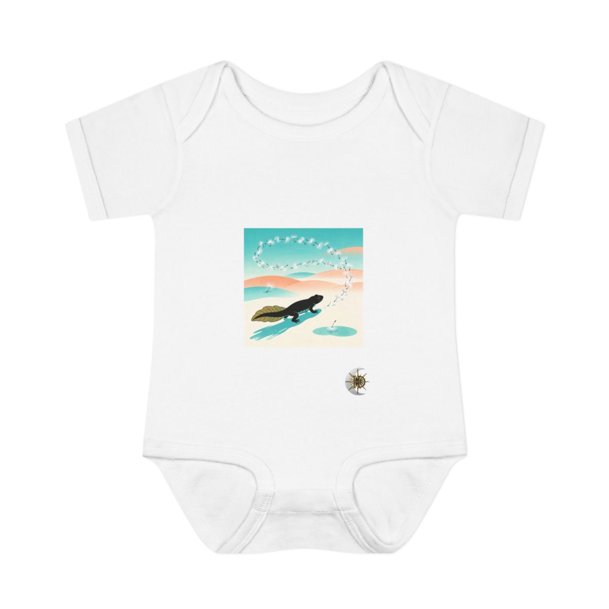 HD Pond creature with a leafy tail following a looping trail of seed fluff Infant Baby Rib Bodysuit