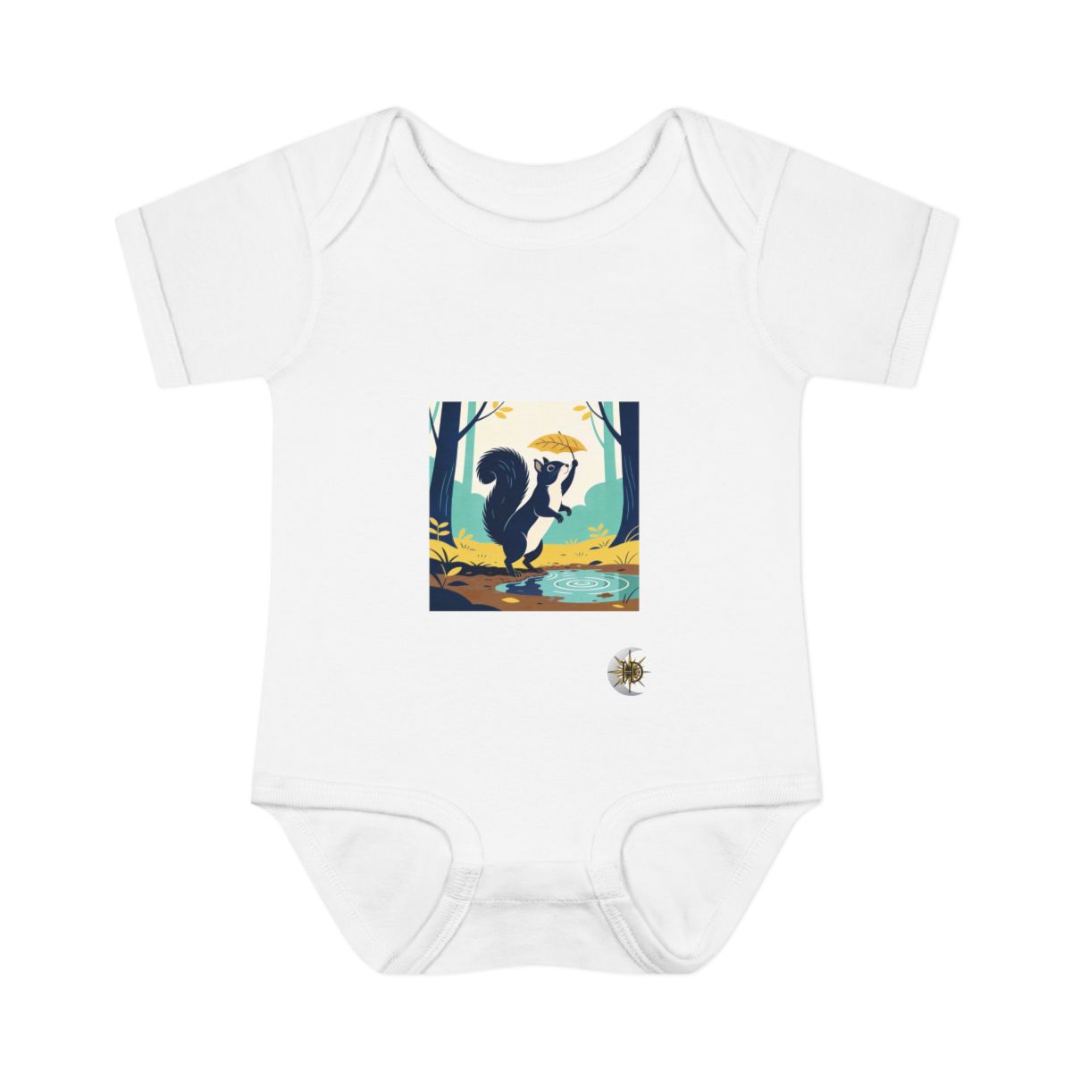HD Squirrel balancing a leaf as a tiny umbrella Infant Baby Rib Bodysuit