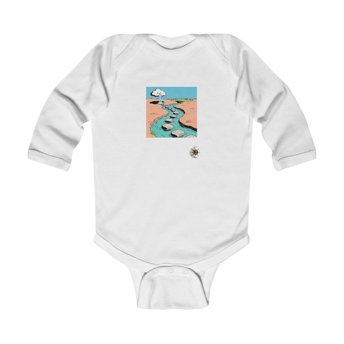 HD Cloud with a waterfall connected to a distant bank by stepping stones Infant Long Sleeve Bodysuit