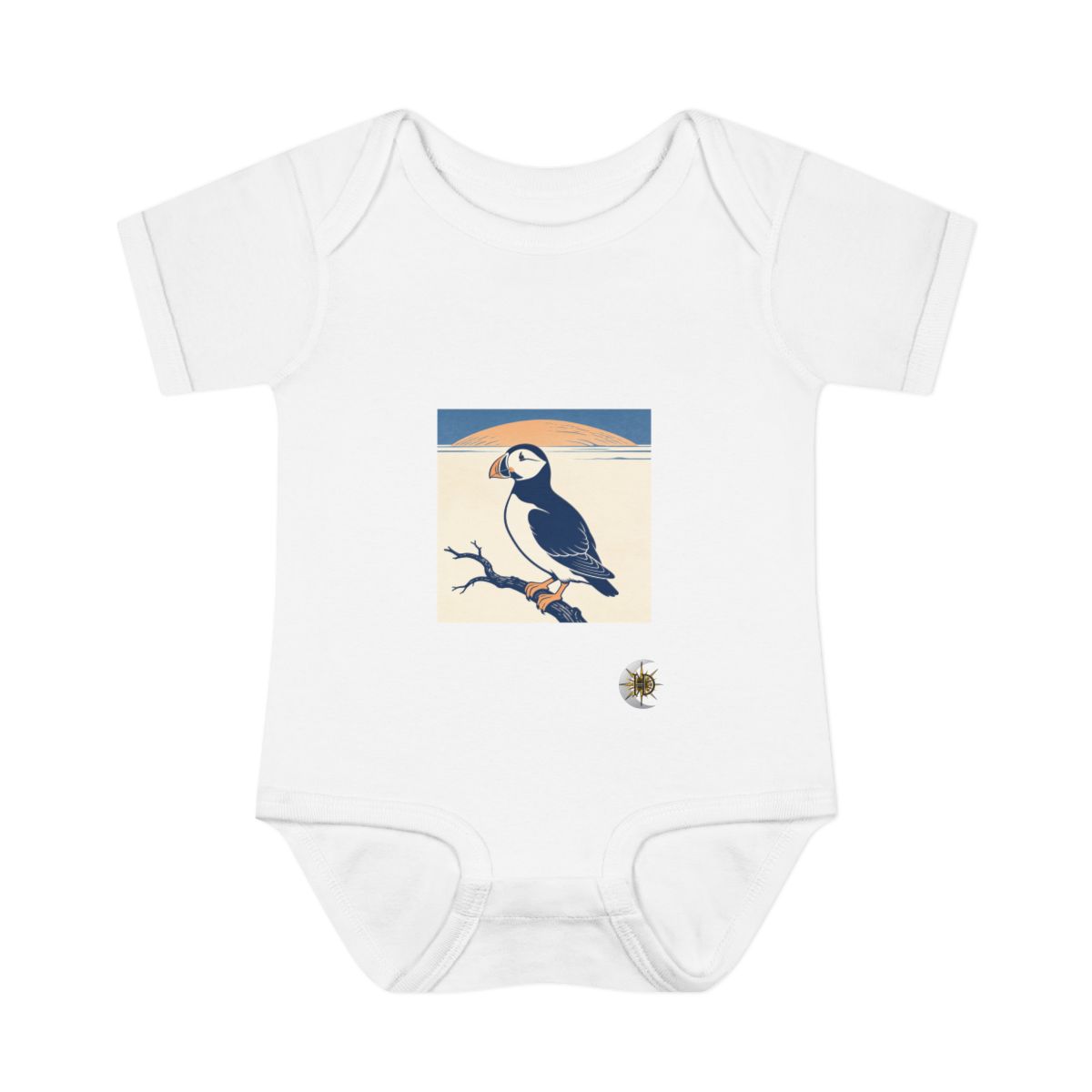 HD Puffin balancing on a curved bare branch Infant Baby Rib Bodysuit
