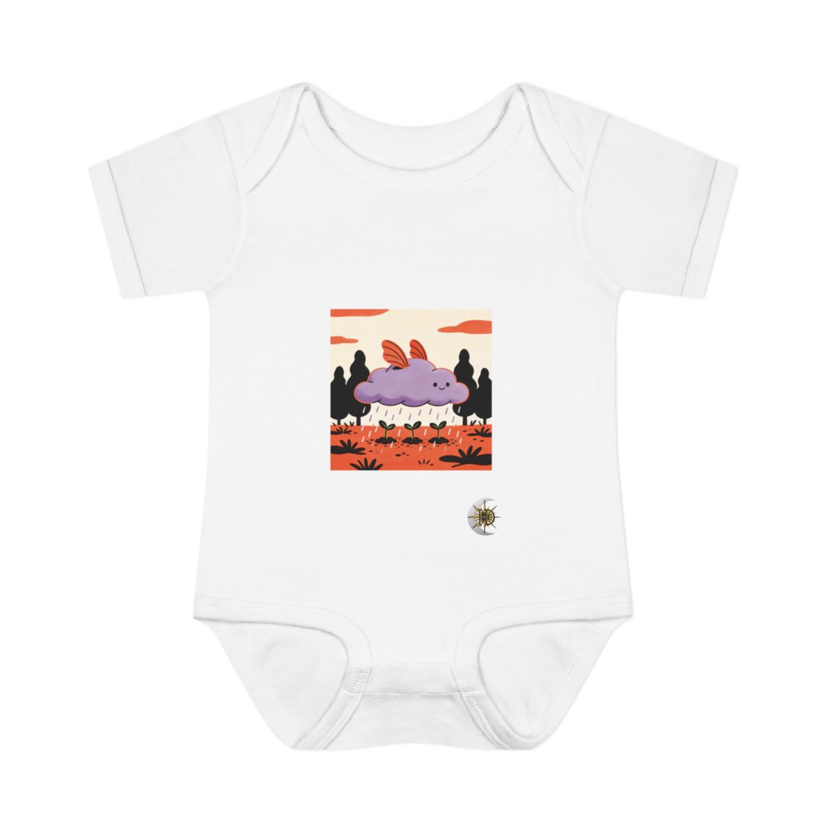 HD Cloud creature with floating fins sheltering three little sprouts Infant Baby Rib Bodysuit