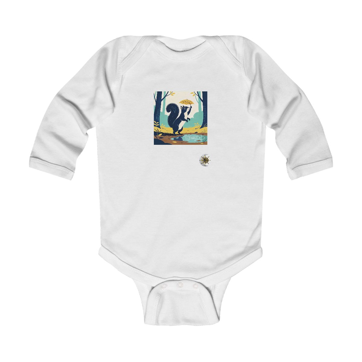 HD Squirrel balancing a leaf as a tiny umbrella Infant Long Sleeve Bodysuit