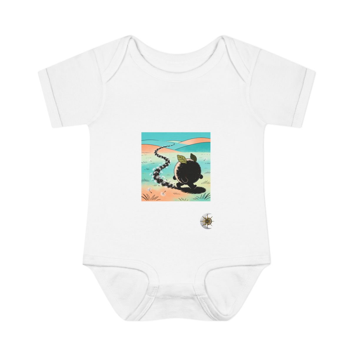 HD Puffball creature with leaf ears following a looping trail of seed fluff Infant Baby Rib Bodysuit