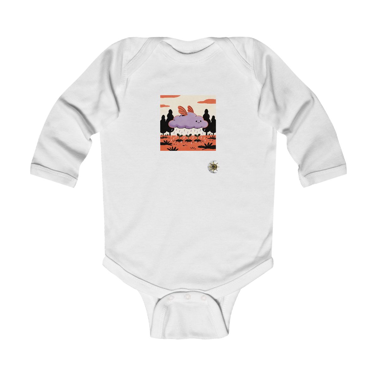 HD Cloud creature with floating fins sheltering three little sprouts Infant Long Sleeve Bodysuit