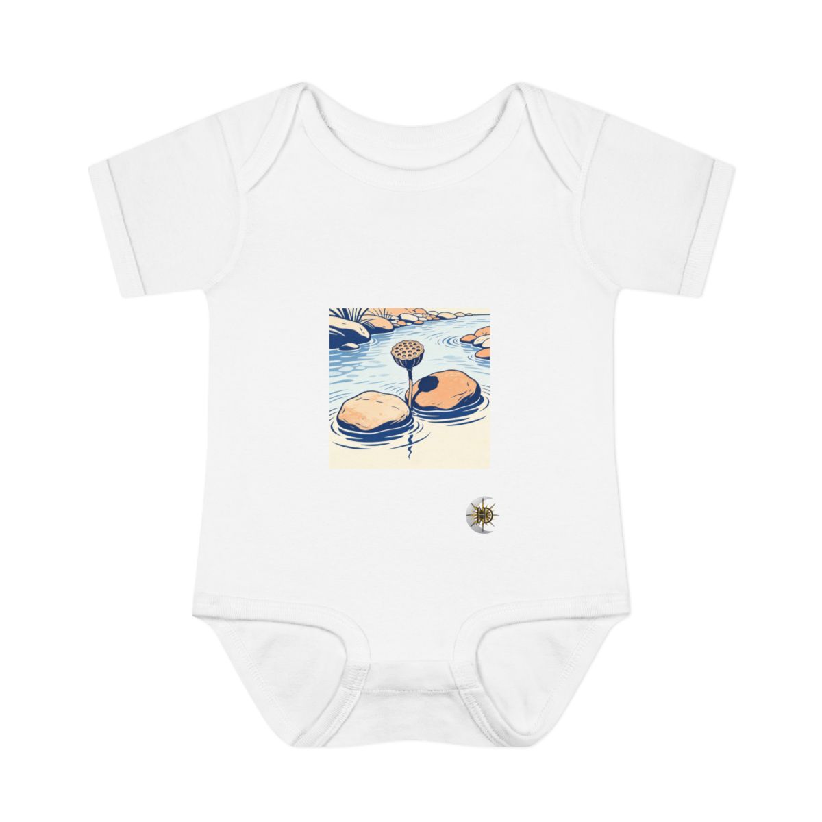HD Lotus seed head emerging between two broad river stones Infant Baby Rib Bodysuit
