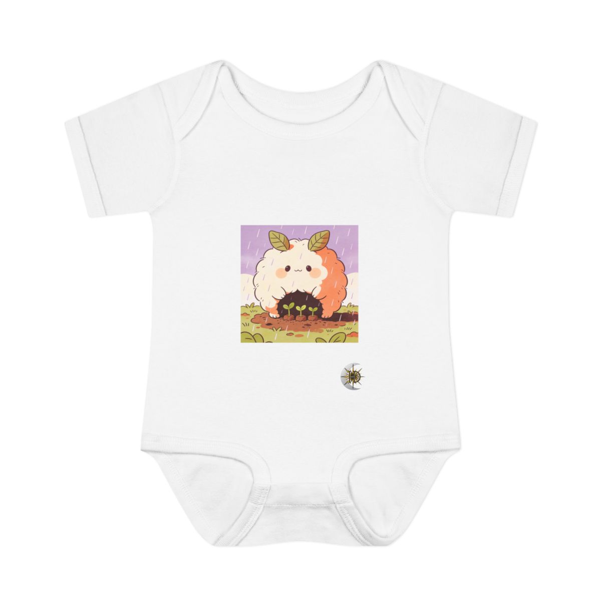HD Puffball creature with leaf ears sheltering three little sprouts Infant Baby Rib Bodysuit